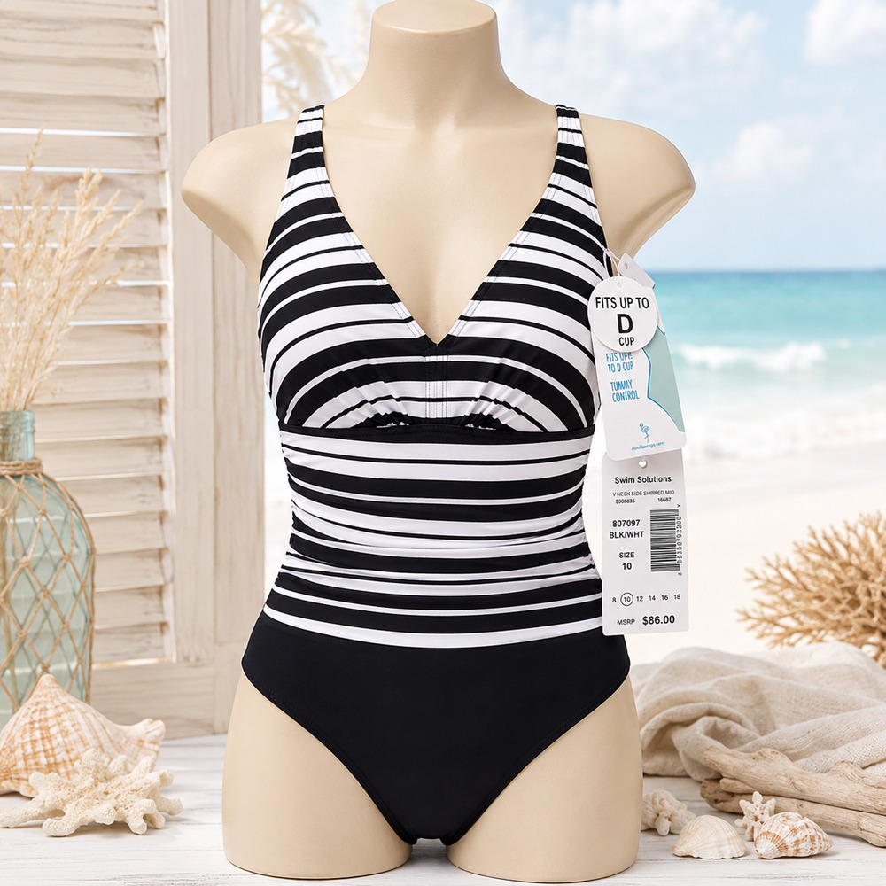 Swim Solutions Striped Tummy Control One Piece Swimsuit Sz 10 NWT